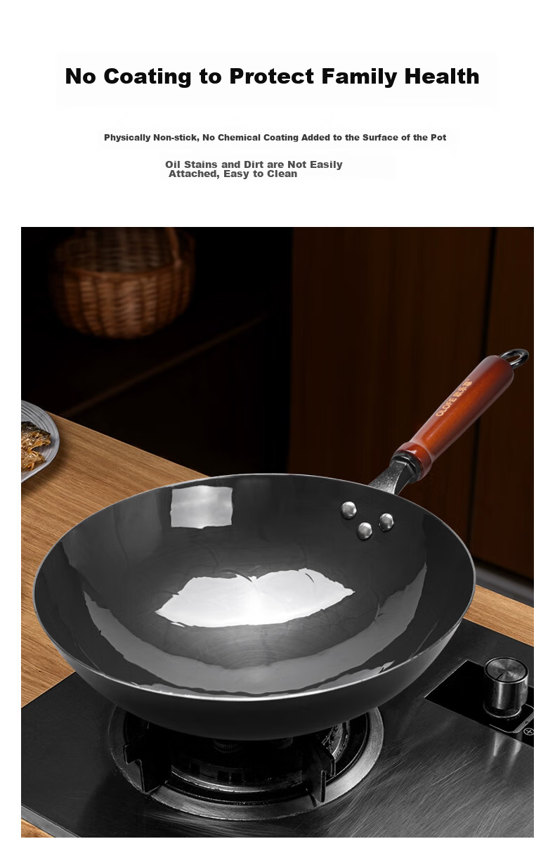 OLOFE Zhangqiu Black Iron Wok, Non-Coated, Lightweight, Round Bottom, Forged, Traditional Gas Stove, Large Stir-Fry Pan, Quiet Operation, 32cm 8
