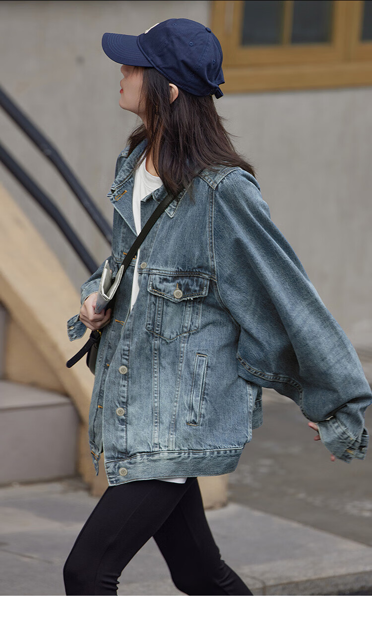 Dme [Danning Jiini] Spring And Autumn Vintage Commuter Distressed Lapel Loose-Fitting Petite Elegant Women's Denim Jacket 6