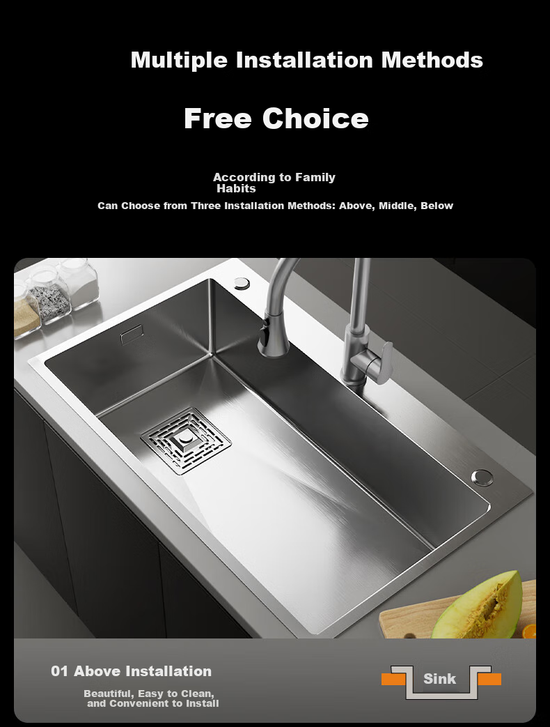 Yuhongfeiyu Large Single Sink, Kitchen Handmade 304 Stainless Steel Multifunctional Textured Vegetable Washing Basin, Integrated Basi 21