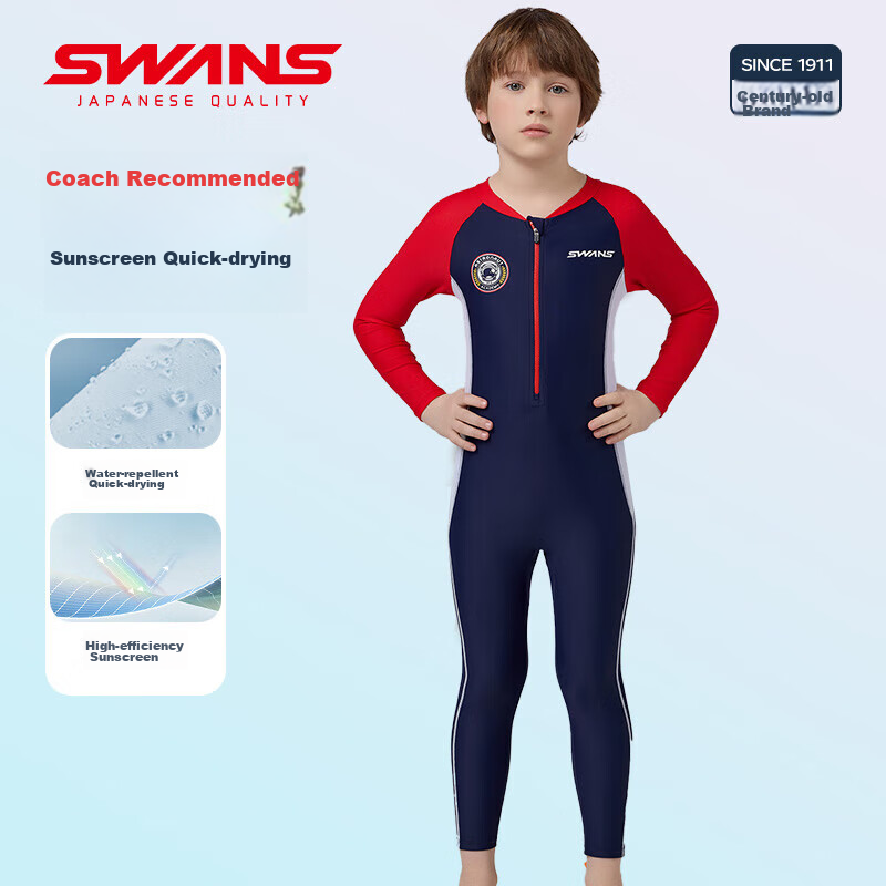 Детский купальник SWANS, для мальчиков, с длинным рукавом, защитой от солнца, быстросохнущий, цельный, размер 160