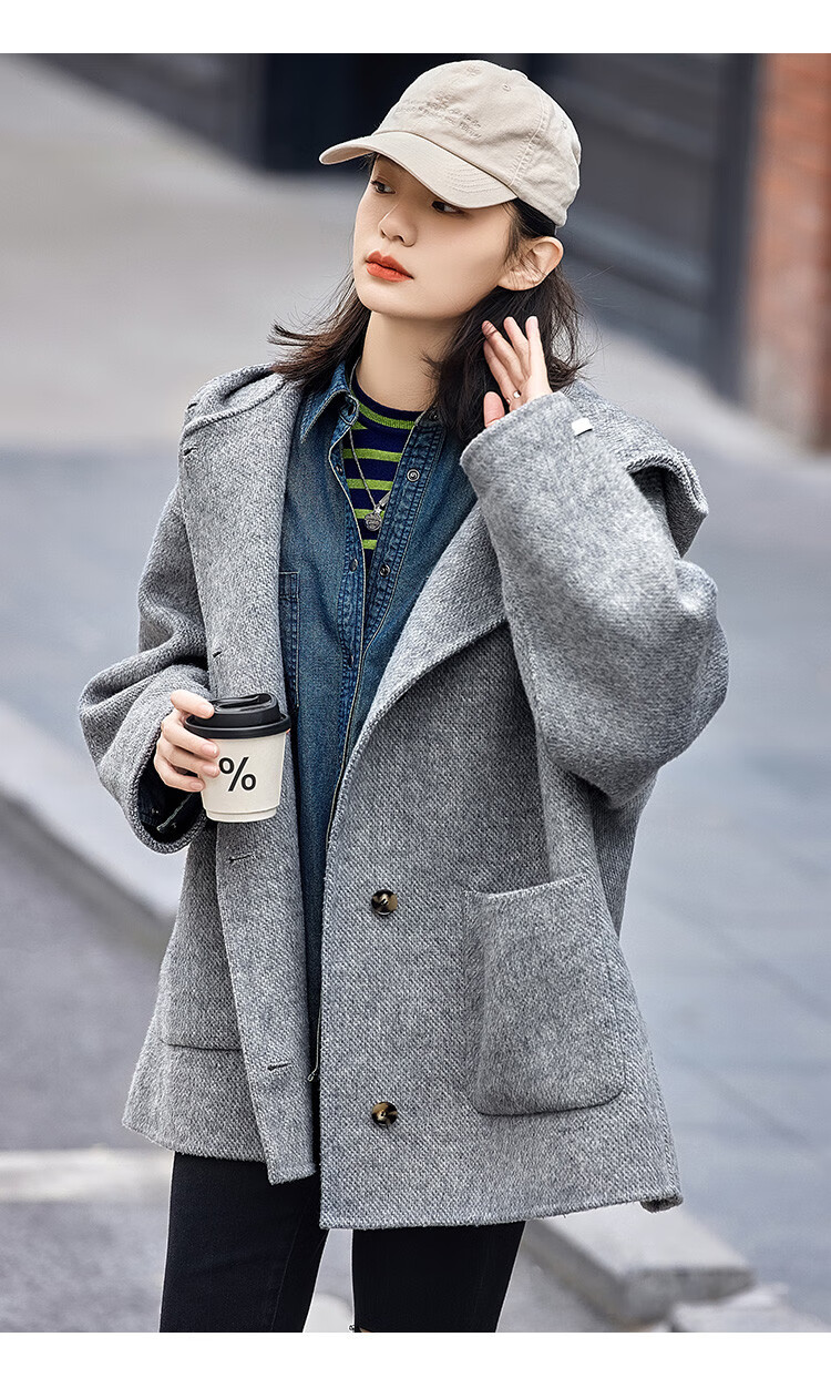 Demana Gray Series Hooded Woolen Coat Winter Loose Long Double-Sided Wool Coat Women Gray L 5
