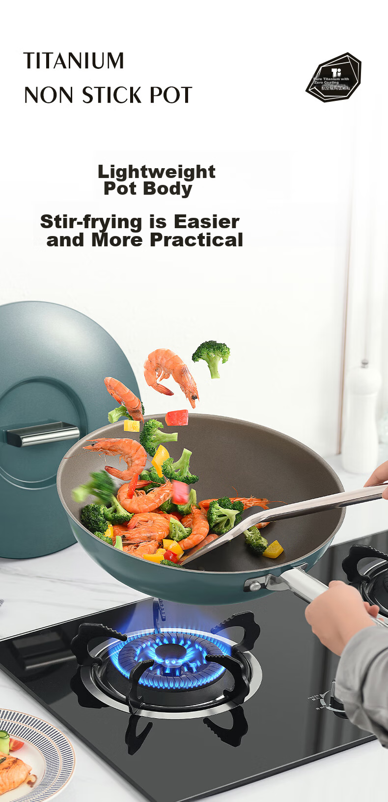 DES LON (DESLON) Titanium-Containing 99% Non-Stick Wok, No Coating, Home Use, Smokeless, Flat Bottom, Suitable for Gas Stove And Induction Cooker, Non-Stick Frying Pa 12