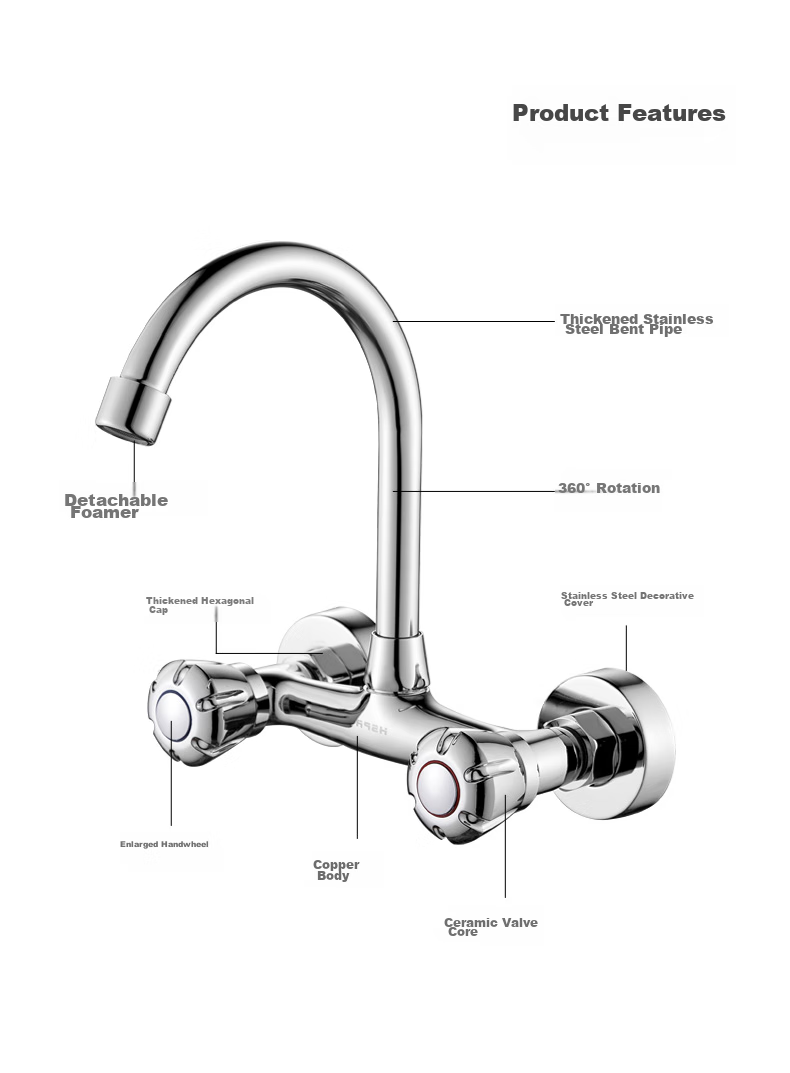 HSPA Kitchen Wall-Mounted Faucet, All-Copper Body, Double Hot And Cold Handles, Dual Control Sink Faucet HS-5017 12
