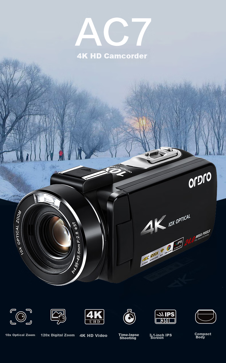 ORDRO AC7 4K HD Camera Professional Live Streaming Camera Digital DV Recorder, 10x Optical Zoom Vlog Short Video Home Travel Conference All-In Recording Device 6