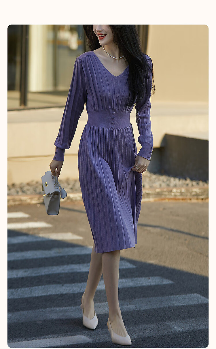 Dme Sweet Feminine V-Neck Waist-Slimming Knit Dress for Women, Mid-Length, Elegant Socialite Style, Spring and Autumn 2