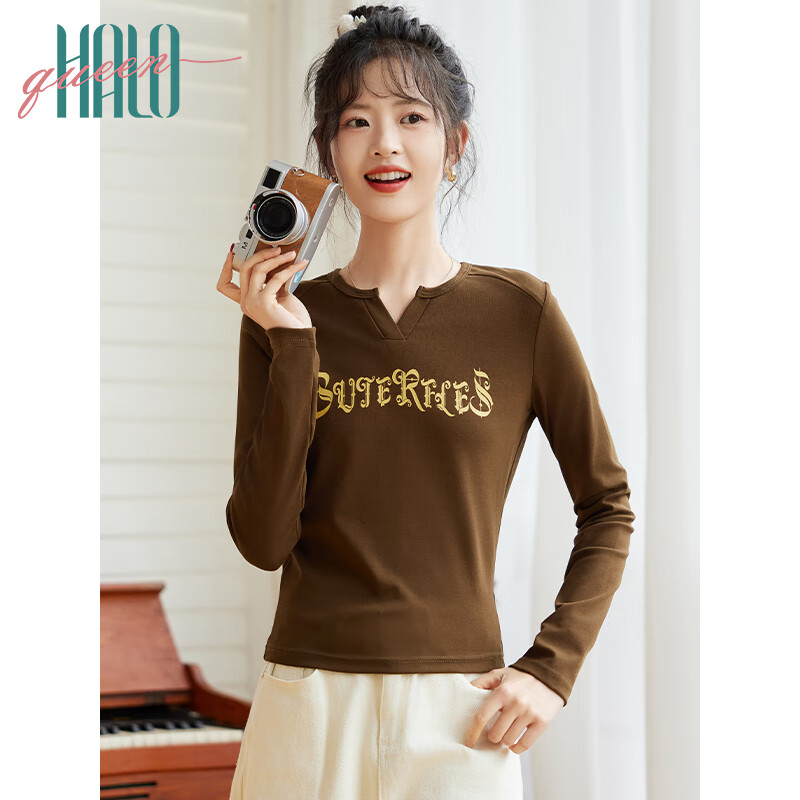 Halo Queen Long-Sleeve T-Shirt for Women, Wilderness Maillard Style Slim-Fit American Retro Casual Top Undershirt New Product H143T2004