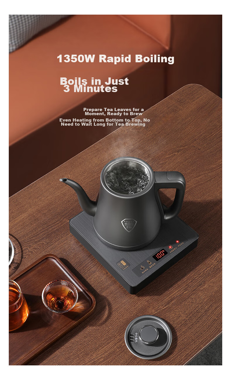 FUNORK Fully Automatic Electric Kettle with Tea Tray, Water Boiler, Specialized All-In Tea Table, Tea Set, Electric Tea Stove, Titanium Gray Handle, Single Burner 9