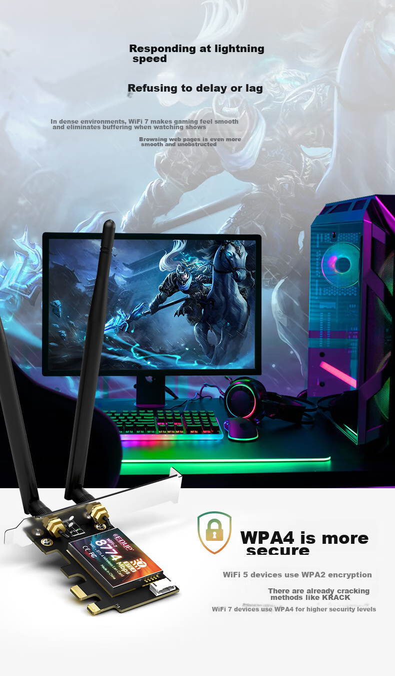 EDUP BE200 Gigabit Gaming WiFi 7 Wireless Network Card, 8774M Tri-Band Desktop Computer Internal PCIE Interface, Wireless Bluetooth 5.4 WiFi Receiver-BE9715 6