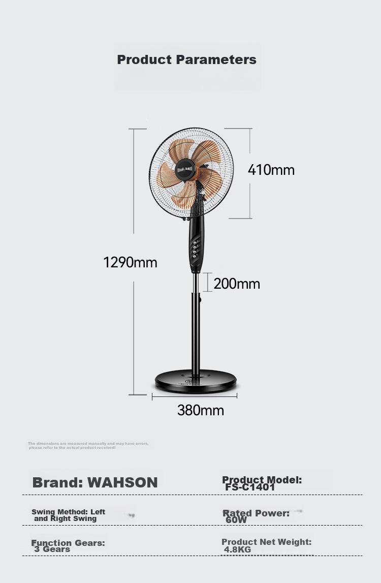 Wahson Electric Fan / Pedestal Fan / Metal Aluminum Blade Fan / Low Noise High Airflow Dormitory Office Fan Business Home Energy-Saving Standing Fan FS-D1403 14