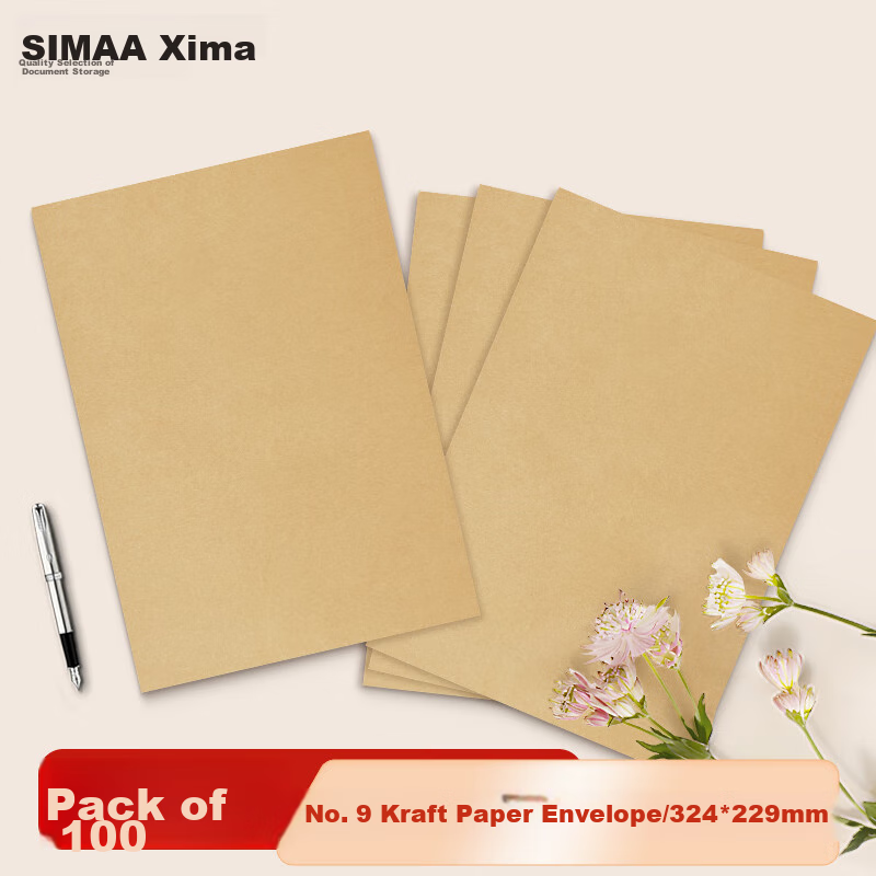 SIMAA No-Text Kraft Paper Envelopes, C4 File Folders, 100 Sheets of Letter Paper, 324*229mm Document Sleeves, Invoice And Payroll Envelopes, 25078