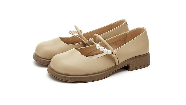 DAPHNE Flat Leather Shoes for Women, Comfortable Versatile French Mary Jane Shoes, Shallow Mouth Loafers, Soft Leather Flats, Beige, Size 35 12