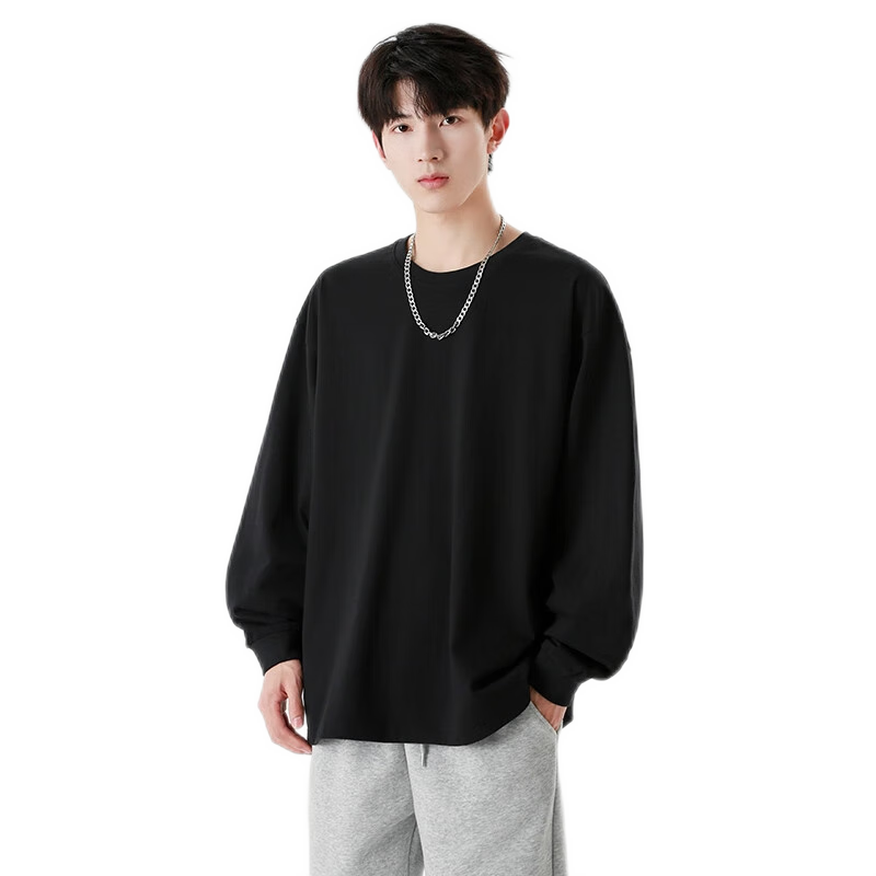 MiiOW Men's Long Sleeve Top 40s Combed Cotton T-Shirt Basic Layering Loose Fit Sweatshirt Black XL
