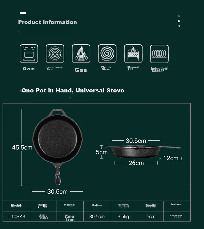 LODGE [Imported from USA] 30CM Steak Non-Stick Cast Iron Pan without Coating, Universal Frying Pan L10SK3 17