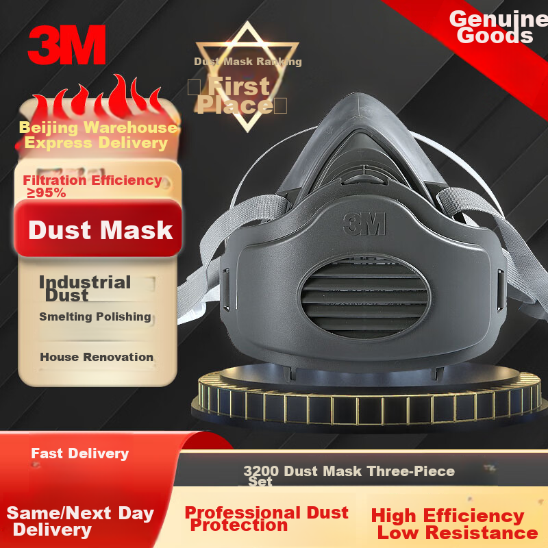3M Dust Mask, Heavy-Duty Industrial Dust Respirator, Grinding And Renovation Mask, Cement Coal Mining Woodworking 3200 Half Face Mask with KN95 Filter Cotto