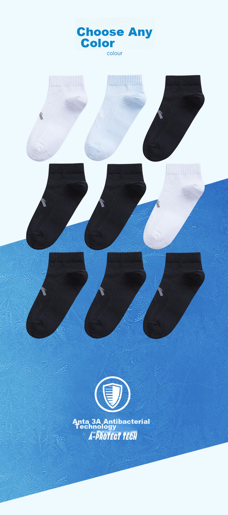 Anta Socks [3 Pairs] Sports Short Socks Comfortable Antibacterial Sweat-Absorbing Breathable Running Basketball Socks Unisex 9