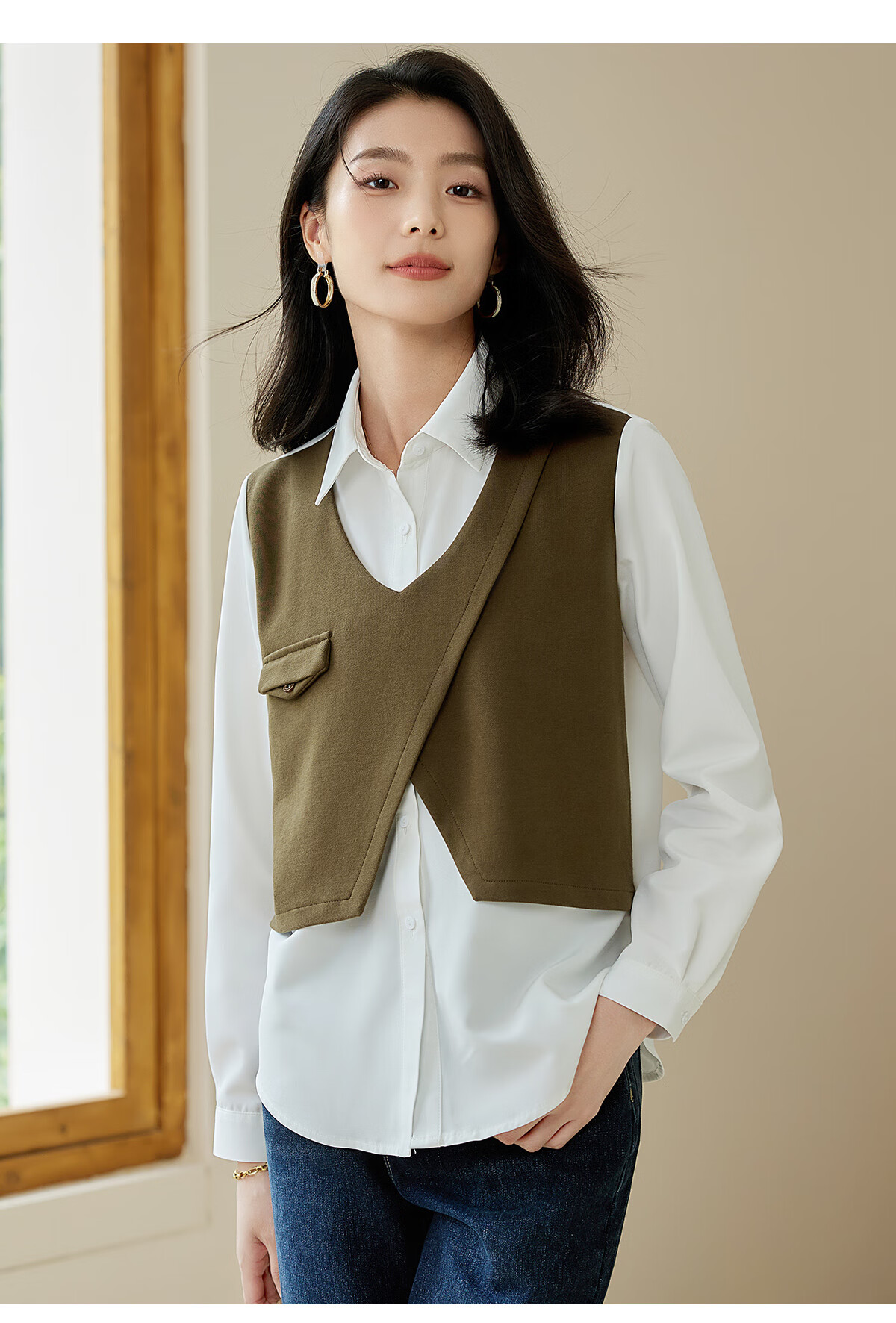 Chushen Women's Long-Sleeve Shirt with Contrasting Color Splicing Design, Fashionable Two-Piece Look for Work Commute S143C2026 12