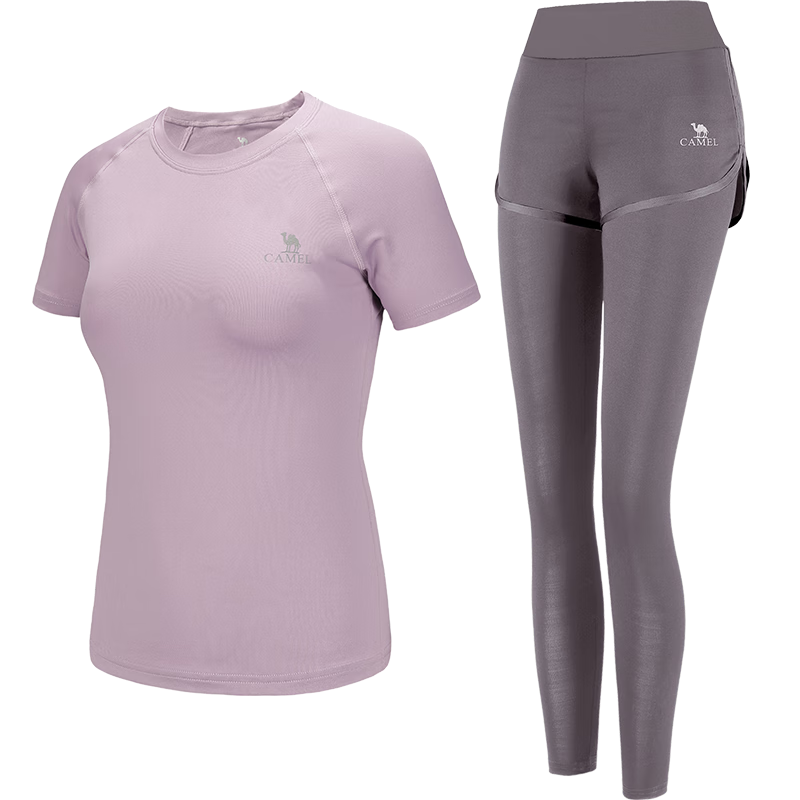 CAMEL Women's Sportswear Set, New Yoga Fitness Pilates Elastic Short-Sleeve Top And Long Pants, Anti-Exposure Two-Piece Sportswear