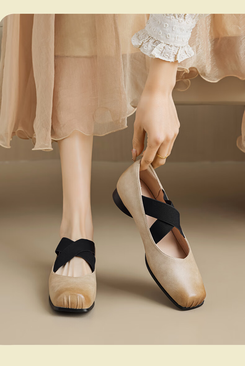 Daphne Ballet Flats for Women, Lace-Up, Slip-On, Pig Nose Sandals, Leather Shoes, Chunky Heel French Mary Jane Shoes, Suitable for Wearing with Dresses 6