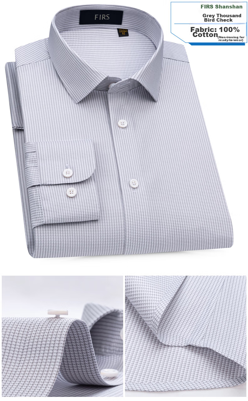 FIRS [200 Thread Count DP Wrinkle-Free] Men's Long Sleeve Shirt, Pure Cotton High-End Business Houndstooth Shirt, Blue, Size 38 15