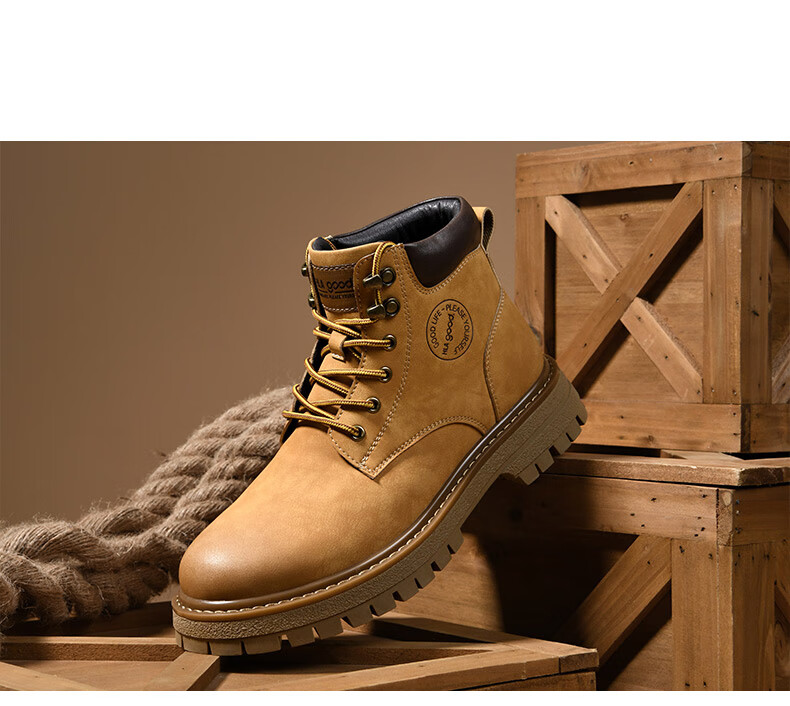HLA Men's Vintage Martin Boots Outdoor Cotton Work Yellow Boots T121 Khaki (Fleece Lined) Size 42 10