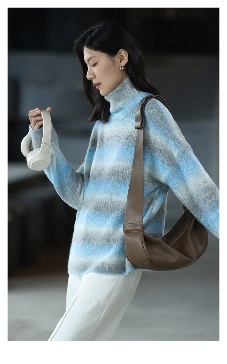 Dme [Sea Salt Layered Knit Sweater] Winter Style Artistic Healing Gray-Blue Gradient Soft Sweater for Women, Blue-Gray, S 3