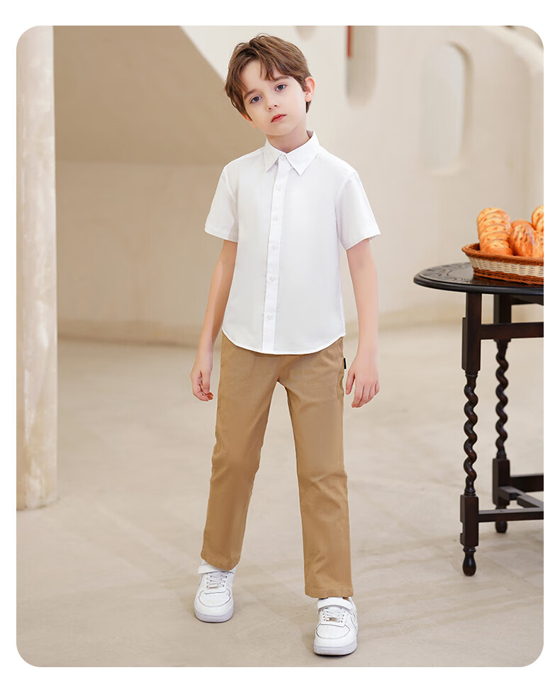 Luomeng Children's Short-Sleeve White Shirt, Spring And Summer New Style, Boys And Girls Blouse, School Uniform, Performance Top, White, Size 180 7