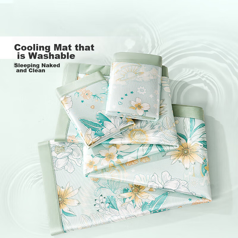FUANNA Qingge Ice Silk Cooling Mat, Cool-Feeling Printed Soft Mat, Double Size, Three-Piece Set, Green 1.5*2 Meters [Washable]
