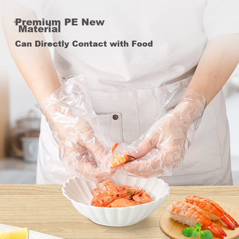 Temeiju Disposable Gloves, 200 Pieces Per Box, Pull-Out Style Food Gloves, Thickened Leak-Proof Plastic PE Gloves, for Kitchen And Baking