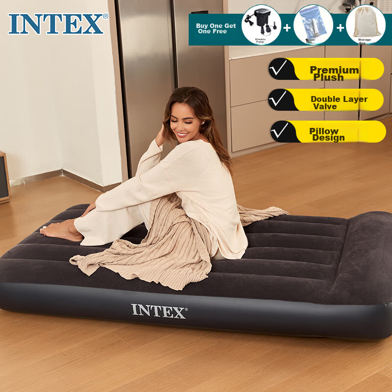 INTEX Single-Person Built-In Pillow Inflatable Mattress for Home, Outdoor Use, Car Bedding, Tent Pad, Foldable with Electric Pump 64141
