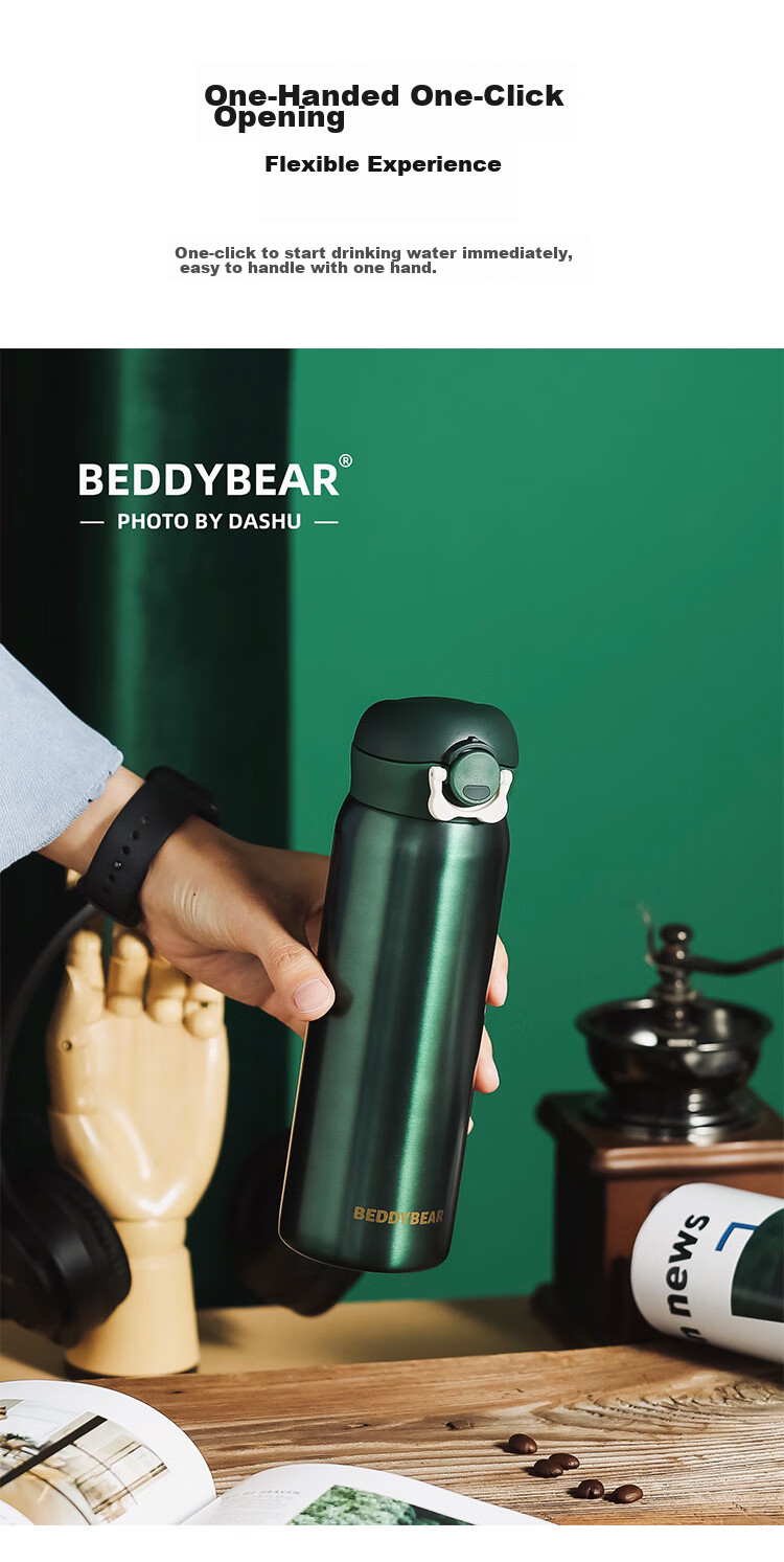 BEDDYBEAR Flip-Top Direct Drinking Insulated Cup, 316 Stainless Steel, Portable Water Bottle for Men And Women, Car-Mounted Student Cup, 470ML, Crescent White 2