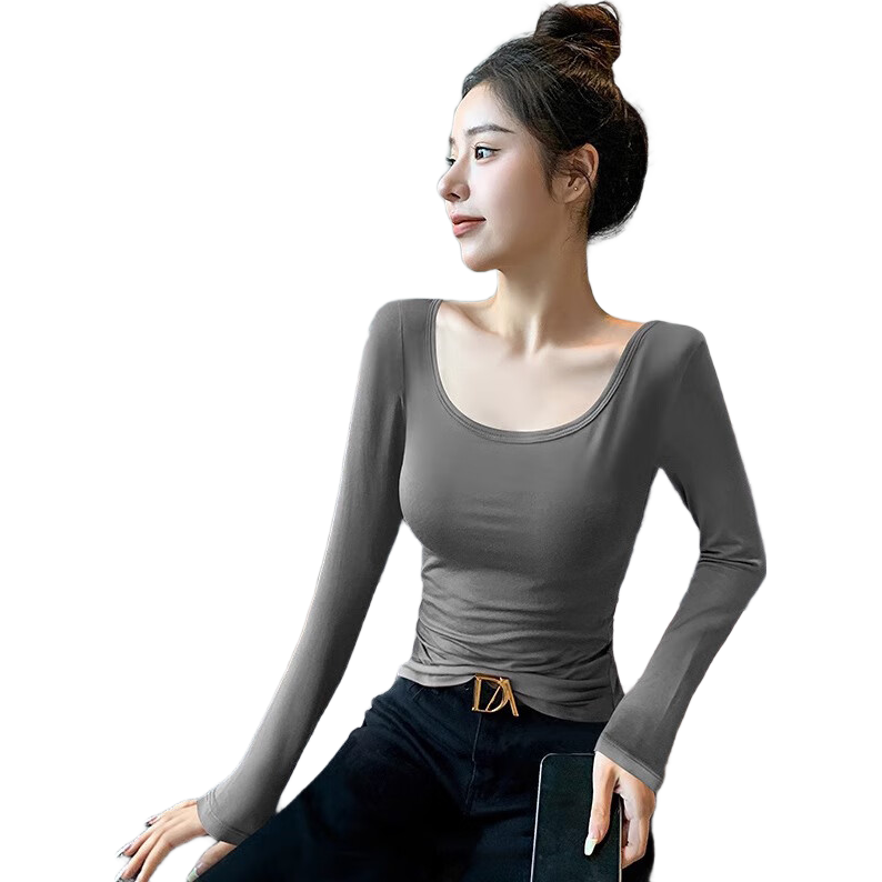 TUCANO Modal Base Layer Women's Inner Wear Double U-Neck Long-Sleeve T-Shirt Stylish Outer Wear Top Thin Style, Iron Gray, L