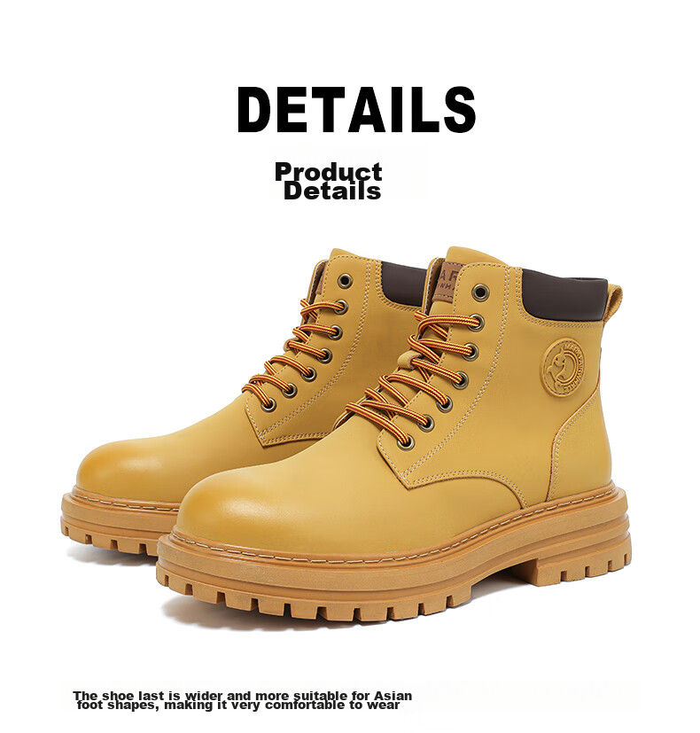 MARK FAIRWHALE Men's New Martin Boots, All-Season Style, Cotton Shoes, Thickened Heightening Work Boots, Motorcycle Men's Shoes, Ginger Yellow, Size 43 13