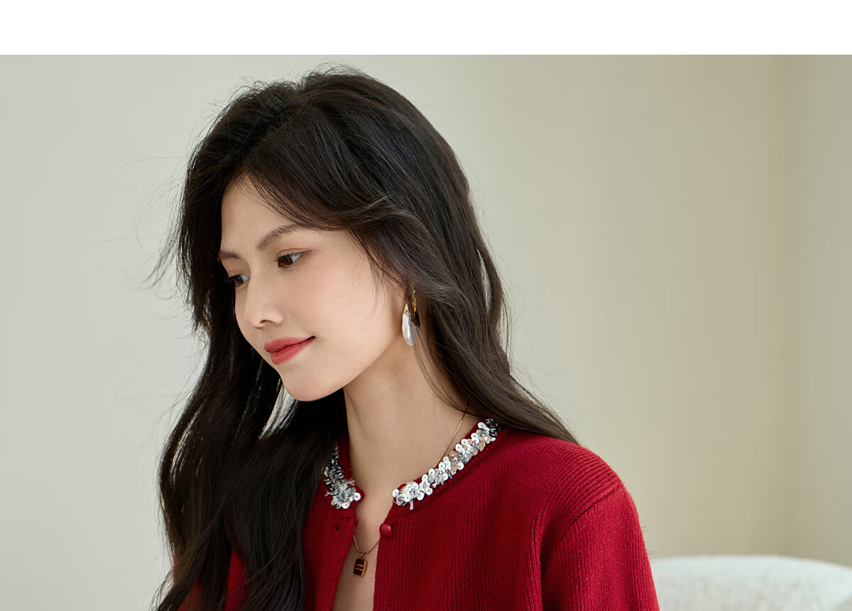 Taxiang Knitted Cardigan for Women, New Year Outfit, Red Sweater Coat with Sequins And Embroidery, Women's Cardigan Top T143Z3012 24