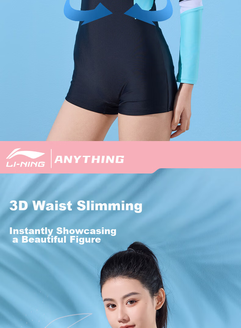 Li-Ning Women's One-Piece Swimsuit, Square Leg, Long Sleeve, Sun Protection, Conservative, Contrasting Colors, Slim Fit, Hot Spring Swimwear, 492 Black Blue, L 7