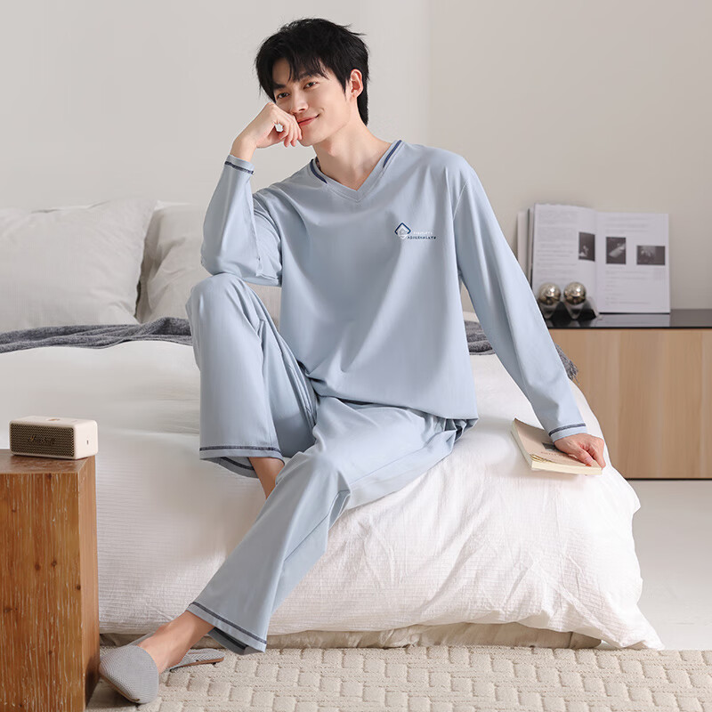 Fenteng Kean New Modal Men's Spring Autumn Long Sleeve Crew Neck Pullover Simple Style Two-Piece Sleepwear Set