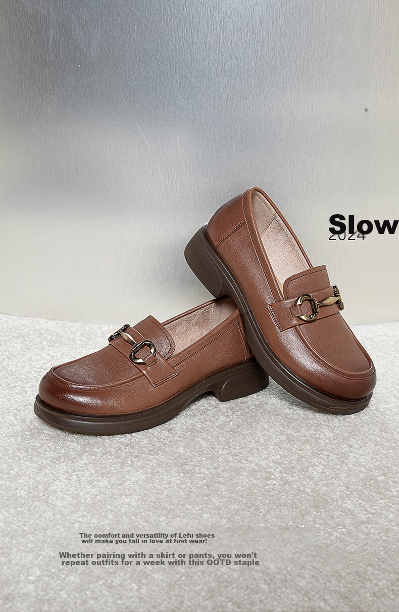 COMELY Women's Loafers, Spring Season Women's Shoes, Cowhide Leather, Academic Style, Metal Buckle, Round Toe, Fashionable Versatile JK Leather Shoes, Black, Size 36 1