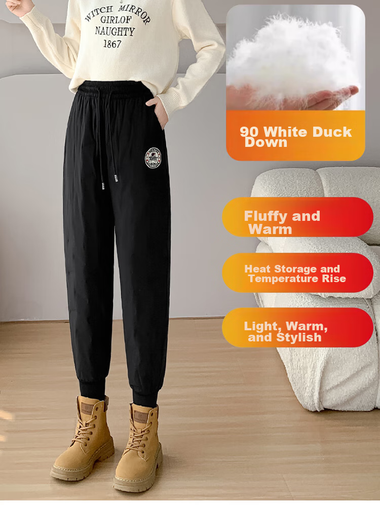 Yishangmei White Duck down Pants for Women, High-Waisted Fleece-Lined Thickened Harem Pants, Loose-Fitting Winter Outerwear, Black, 2XL 17