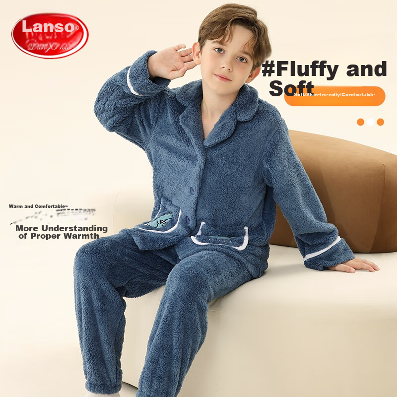 LangSha Children's Pajamas for Boys, Autumn And Winter Thickened Sleepwear for Older Children, Teenagers And Toddlers, Flannel Lapel Home Wear, Warm Set