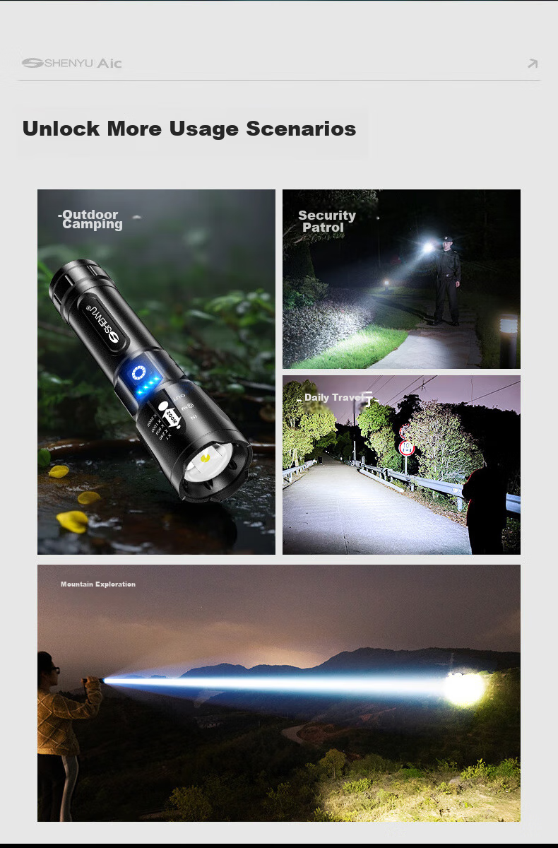 SHENYU Flashlight with High Brightness, Zoomable Lens, Rechargeable Battery, Long-Lasting Power, Outdoor Survival, Long-Range Beam, Military-Grade Ultra-Bright, Home Emergency Use 15