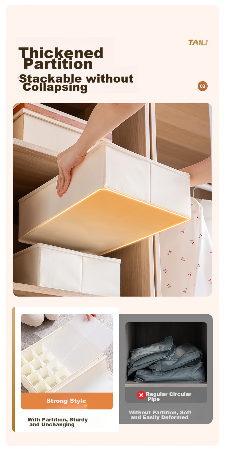 Taili Underwear Storage Box with Four Compartments, Foldable Closet Organizer Basket for Home Use, 1 Piece in Beige 7