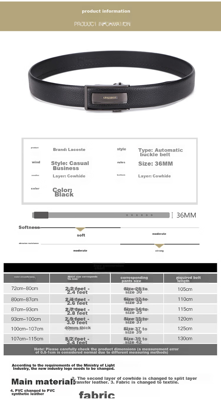 CROCODILE Men's Belt, Inner-Wear Style, Top-Grain Leather, Business Casual Fashion Automatic Buckle Belt 12575, Gift for Boyfriend 9