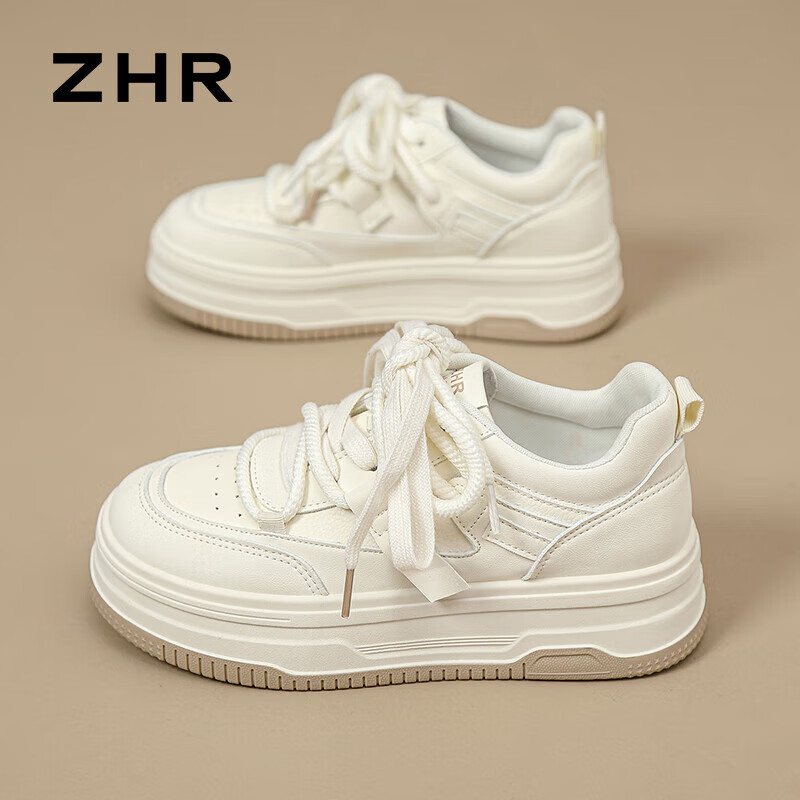 ZHR White Sneakers for Women, Versatile Student Skateboard Shoes, Thick-Soled Height-Increasing Lightweight Sports Shoes for Women, AB22 Beige, Size 39