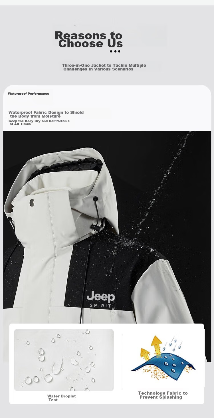 JEEP SPIRIT Men's Windproof Hooded Mountaineering Jacket for Spring, Autumn And Winter, Three-In Coat, Ivory White, Size L 13