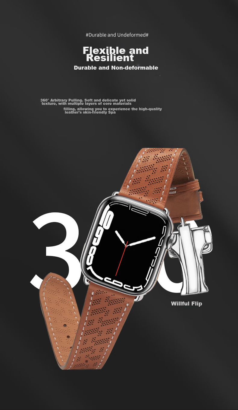 MSSM Compatible Apple Watch Band, Hermes Style IWatch S12 Genuine Leather Folding Buckle Strap, Ultra4/S11/10/Se3 Micro-Hole Light Brown, 44-49 13