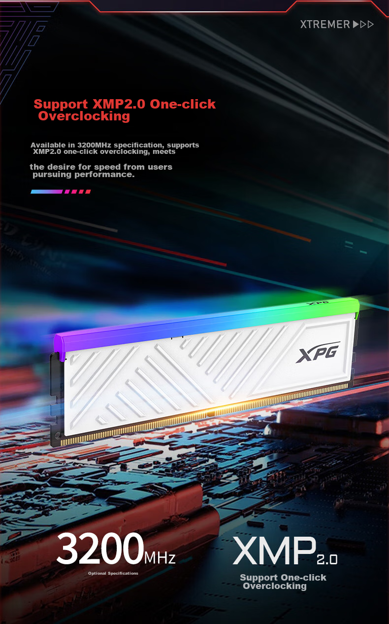 ADATA, 16GB (8GB*2) Kit, DDR4 3200MHz, Desktop Memory Module, XPG Longyao D35G, Matte White Gaming RGB Memory Module 2