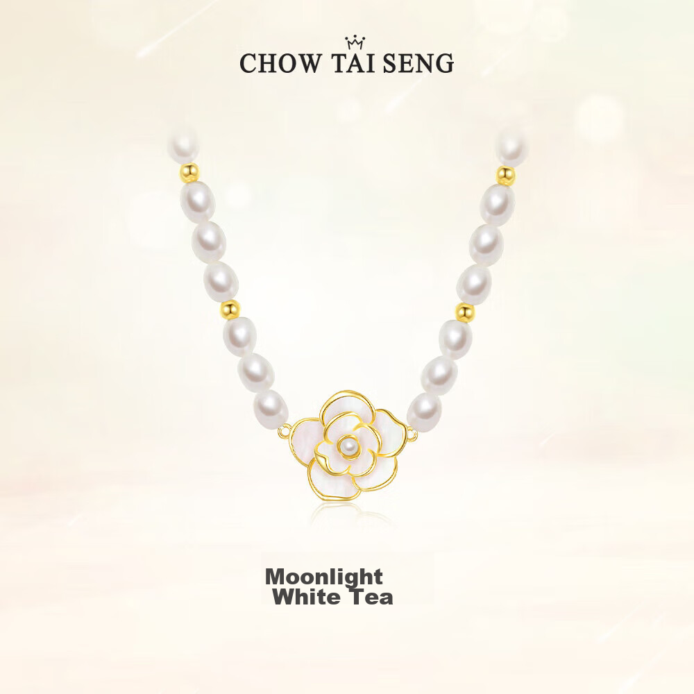 CHOW TAI SENG [Birthday Gift] Camellia Pearl Necklace, Pure Silver Women's Sweater Chain, Elegant Collarbone Chain for Girlfriend
