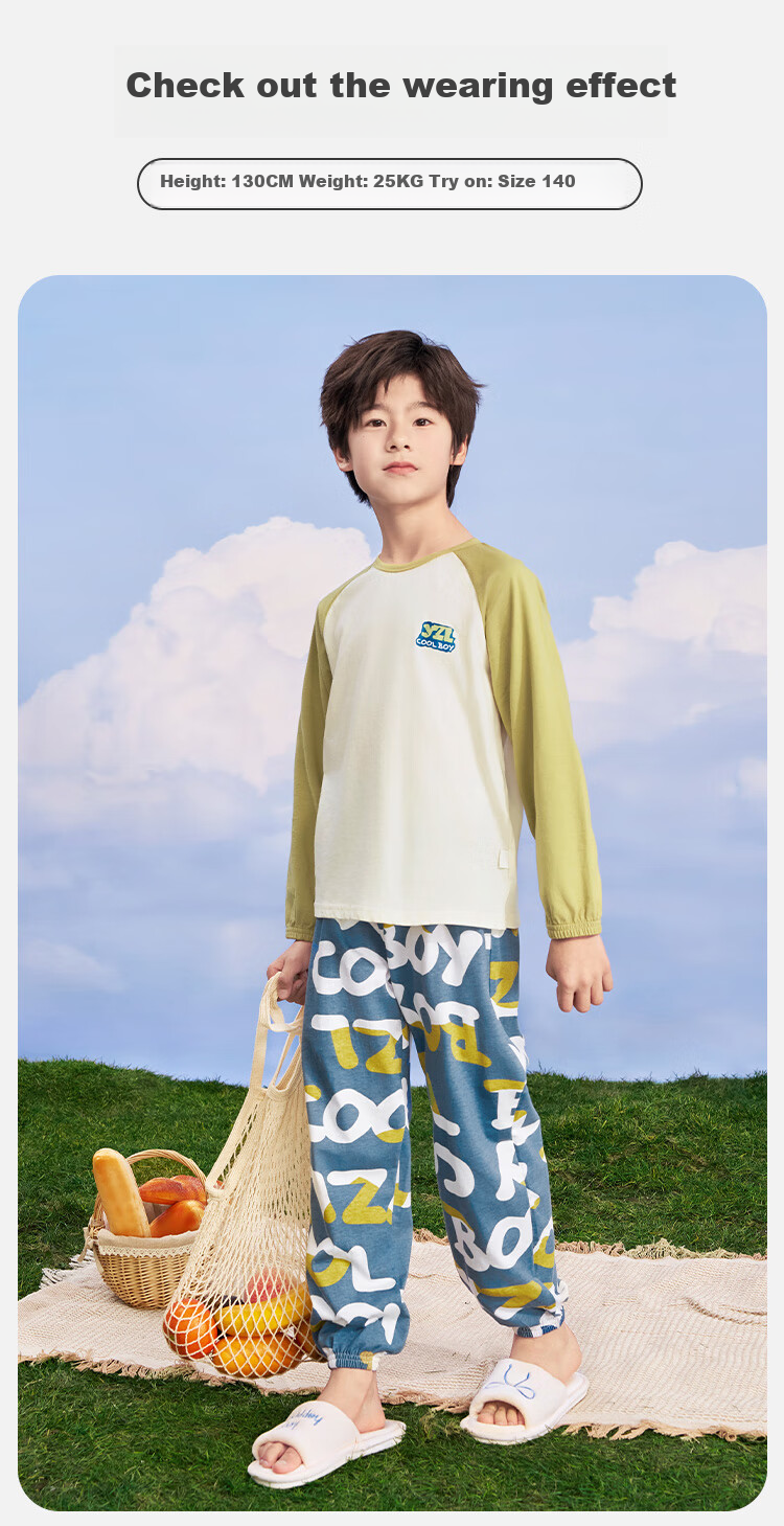 YUZHAOLIN Boys' Pajamas, Children's Home Wear Set, Spring Season, for Older Children, Pure Cotton Clothes, Children's Clothing, All-Over Letter Print 3