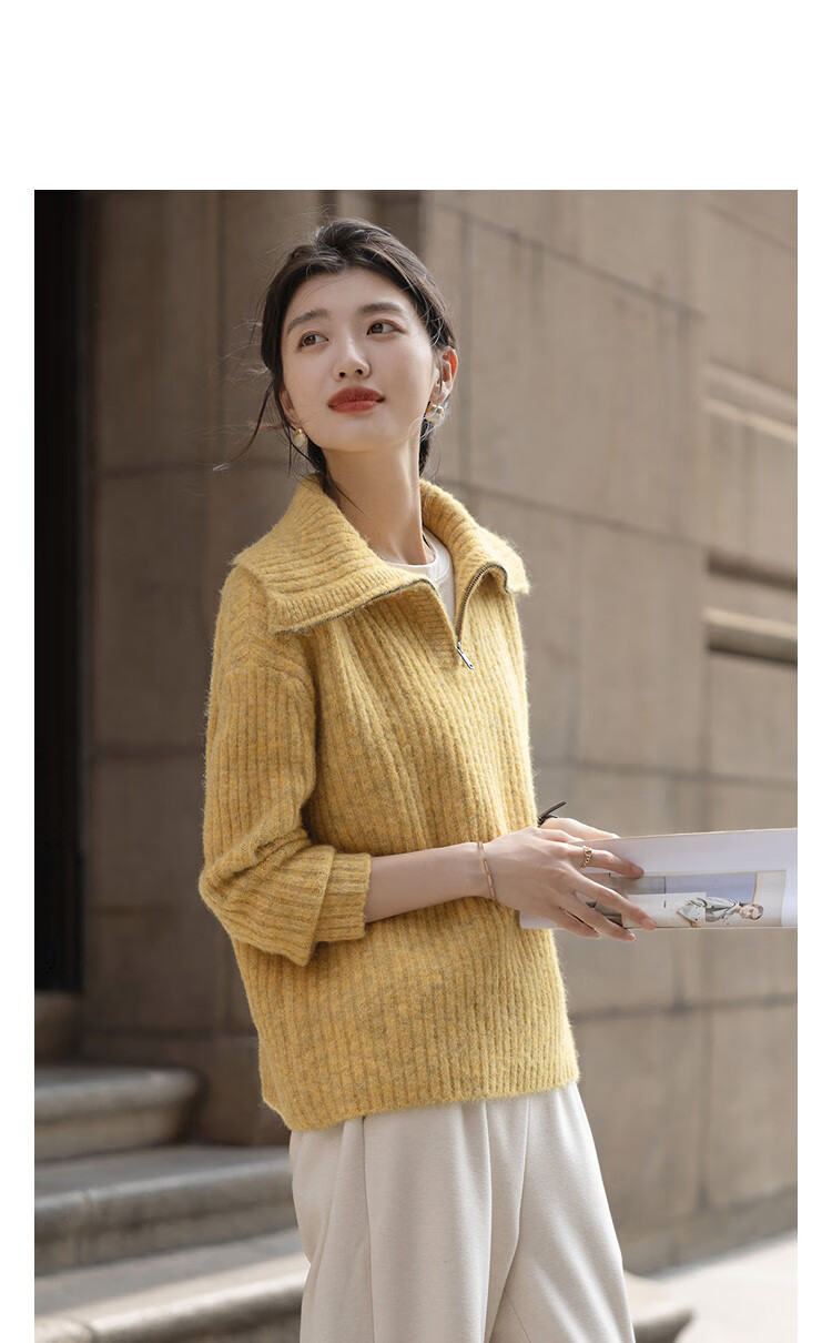 Demana "Warm Secret" Winter Simple Half-Zip Stand Collar Loose Wool Blend Knit Sweater for Women 1