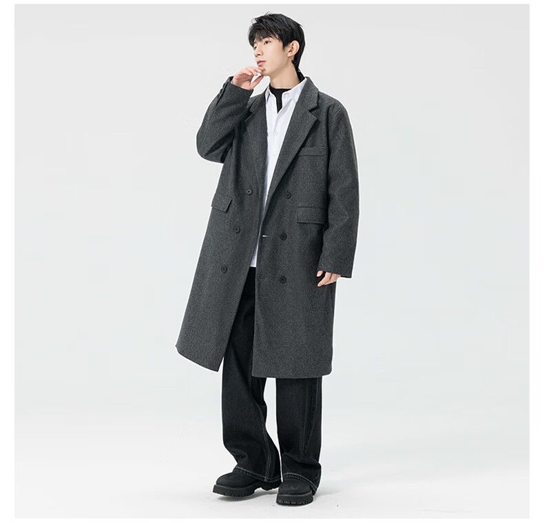 Dingfengbaoluo Men's Woolen Coat Autumn Winter Mid-Length High-End British Style Woolen Trench Coat HT99 Gray 5XL 6