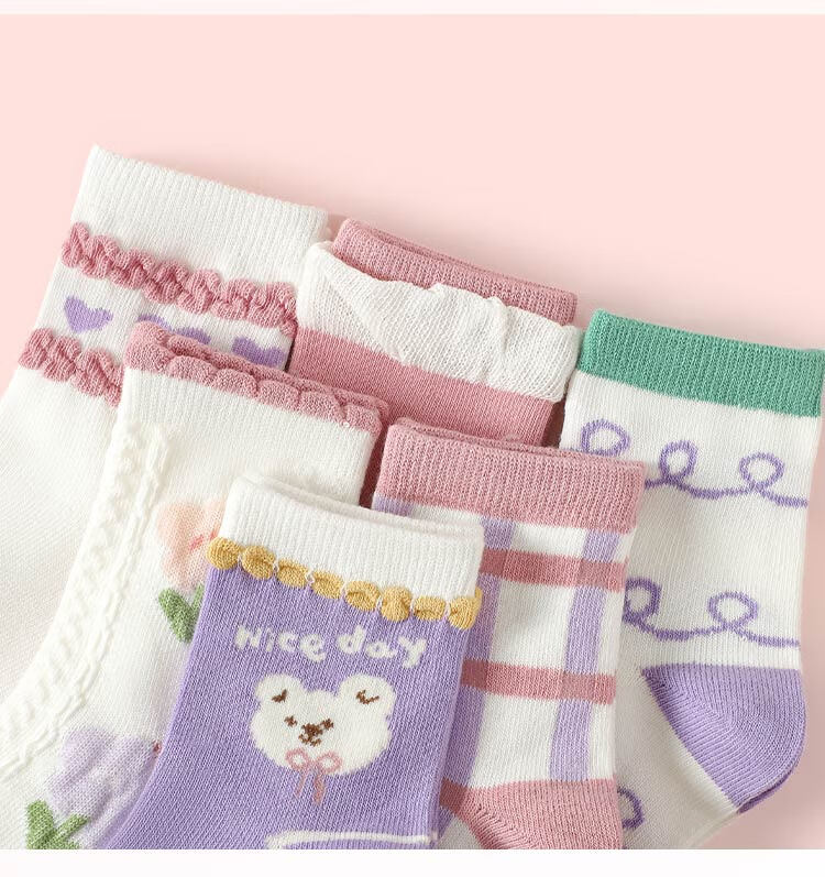 Bingxuemumian Children's Socks, Girls' Mid-Calf Cotton Socks for Spring, Autumn And Winter, 6 Pairs, Breathable, Suitable for Small to Big Kids, Versatile Lace Short Socks for Students 14